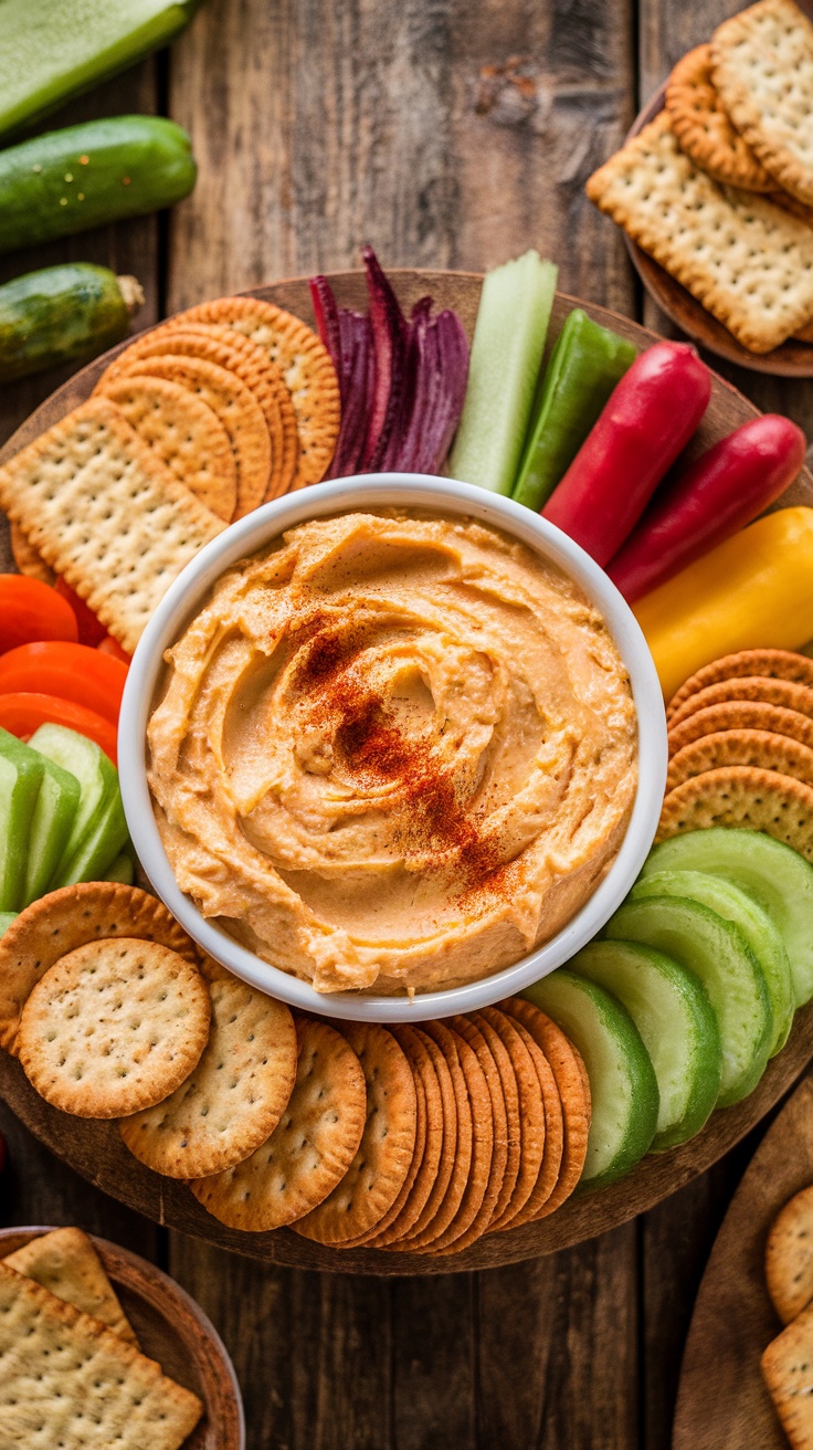 A bowl of creamy pimento cheese spread with crackers and vegetables on a rustic table.